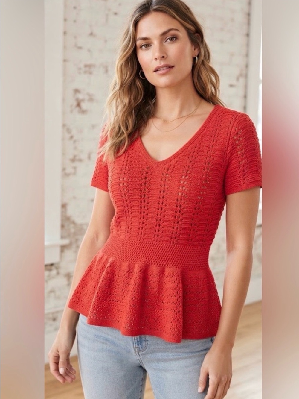 Talbots Women’s Coral Red Open Knit Peplum Top - Lightweight V-Neck